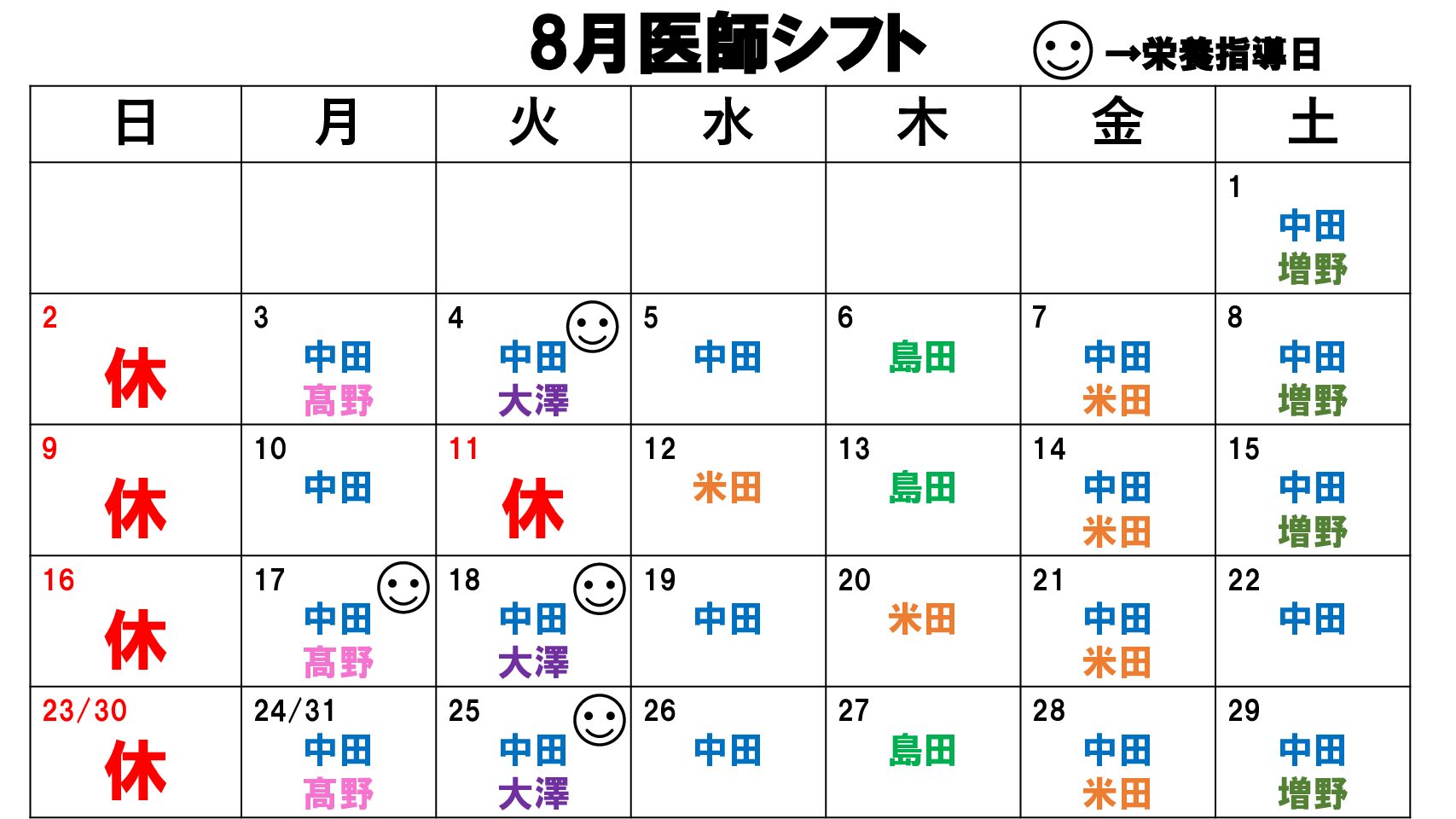 8月医師シフト